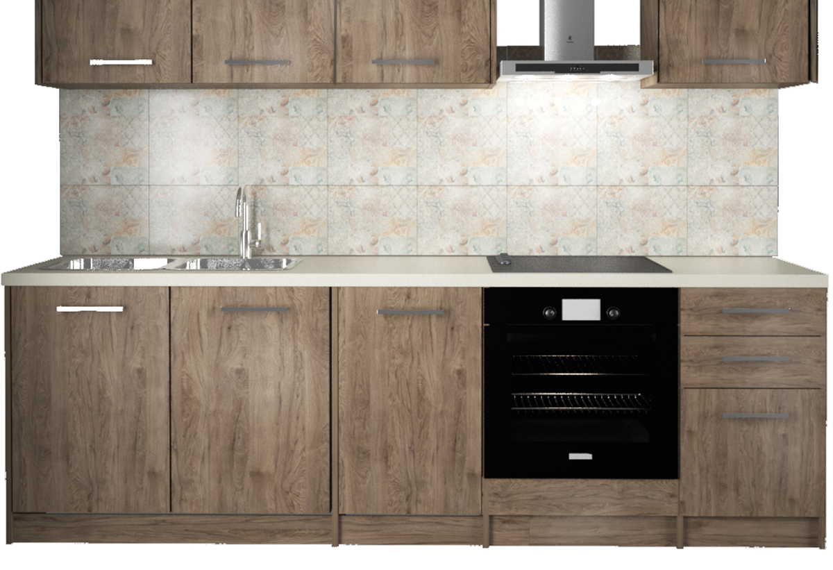 Απεικονίζονται τα ντουλάπια και συρταριέρα βάσης Serena Έτοιμης κουζίνας για εντοιχιζόμενες συσκευές.